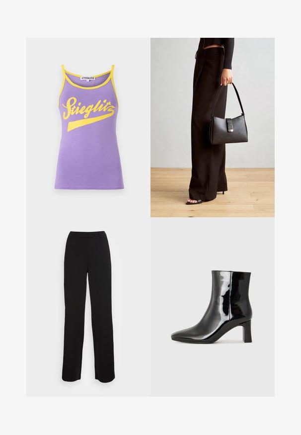 Lilla tanktopp med gul trim, med en stor hvit kursiv "Stieglitz" logo. Myk bomullsmateriale, slank passform.; Svarte bukser med rett ben-design, glatt tekstur og tilpasset liv. Har frontlommer og minimal sømdetalj.; Sorte patentlær ankle boot med spiss tå og en mellomhøy blokkhelt. Glatt tekstur og minimalistisk design.; Svart håndveske med strukturert form, jevn tekstur og metallisk lås. Kombinert med brede svarte bukser og sandaler med åpen tå på tregulv.