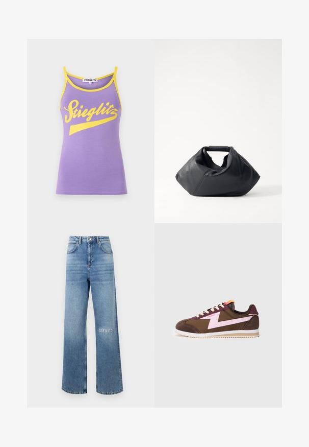 Lila majica na brez rokavih z rumenim obrobjem, ki ima velik beli pisani logotip "Stieglitz". Mehka bombažna tkanina, oblikovanje v ozkem kroju.; Svijetloplave široke traperice od denima, s visokim strukom, pet džepova i izvezenim natpisom "STIEGLITZ" na lijevom bedru.; Rjavi in vijolični športni čevlji z roza oblikovnim poudarkom, izdelani iz semiša in tekstila, z ravnimi vezalkami in kontrastnim belim podplatom.; Črna usnjena torba z teksturirano zunanjostjo, edinstvene gubane oblike in kratkim ročajem. Ima en glavni predal.