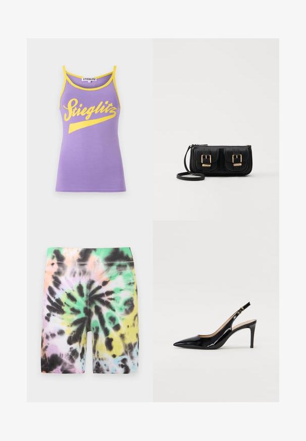 Top de tanque roxo com detalhes amarelos, apresentando um grande logotipo em letras cursivas brancas "Stieglitz". Material de algodão macio, design ajustado.; Calções tie-dye com um padrão misturado de cores pastel: verde, rosa, preto e amarelo. Feitos em tecido macio e elástico.; Sandal com salto em verniz preto, bico fino, salto esguio e um design de recorte subtil. Apresenta uma fivela dourada na alça.; Bolsa de ombro em couro preto com dois bolsos frontais, fivelas douradas, fecho de zíper e uma alça fina. Superfície texturizada e forma retangular compacta.
