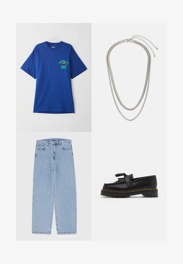 Blauwe katoenen T-shirt met ronde hals, korte mouwen en een grafische print met een rode figuur en tekst op de linker borstzone.; Lichtblauwe denim jeans met een recht model, voorzien van een middelhoge taille, vijf zakken en een knoop- en ritssluiting.; Zwarte leren loafers met een franjesaccent, voorzien van een dikke zwarte zool en gele stiksels langs de rand. Gevoelige afwerking.; Driedelige zilveren metalen halsketting met slanke, flexibele kettingen met een lichte glans, beveiligd met een karabijnhaak en een verstelbare ketting.