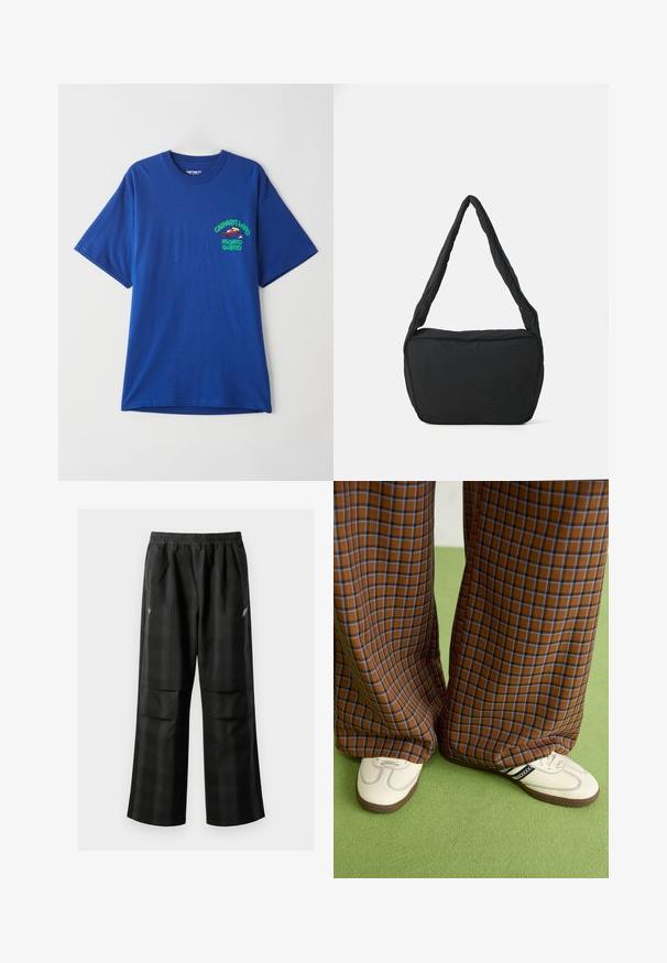 Blå bomulds t-shirt med rund hals, korte ærmer og et grafisk print med en rød karakter og tekst på venstre brystområde.; Sorte ternede bukser med elastisk talje, to forlommer og en løs pasform med lige ben. Fremstillet af letvægtsmateriale.; Brune og blå ternede brede benbukser parret med hvide sko med sorte accenter og strukturerede såler, sat mod en grøn baggrund.; Sort skuldertaske med en polstret tekstur, en rund form og et bredt rem, præget med et logo på forsiden.
