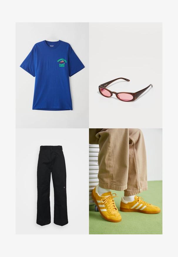 Blå bomulds t-shirt med rund hals, korte ærmer og et grafisk print med en rød karakter og tekst på venstre brystområde.; Sorte breddebenede bukser med en glat tekstur, der har en almindelig talje og et lille broderet logo nær det højre ben.; Gule ruskindsneakers med hvide striber, der har en gummisål, stofsnørebånd og en polstret krave, parret med beige bomuldsbukser.; Brunetonede solbriller med en slank, aflang oval form. Stellene er lavet af blank plast; linserne er rosa med en subtil kurve.