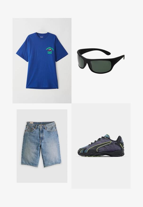 Blå bomulds t-shirt med rund hals, korte ærmer og et grafisk print med en rød karakter og tekst på venstre brystområde.; Lyseblå denimshorts med klassisk snit. Har fem lommer, orange stikninger og rå skærmkanter.; Sorte og lilla sportssko med en tekstureret overdel, grønne accentlinjer og en gummisål med et bølget design. Snørebåndslukning.; Sort indpakningssolbriller med mørkegrønne linser. Mat finish, buet design, lige arme og diskret branding på siden.