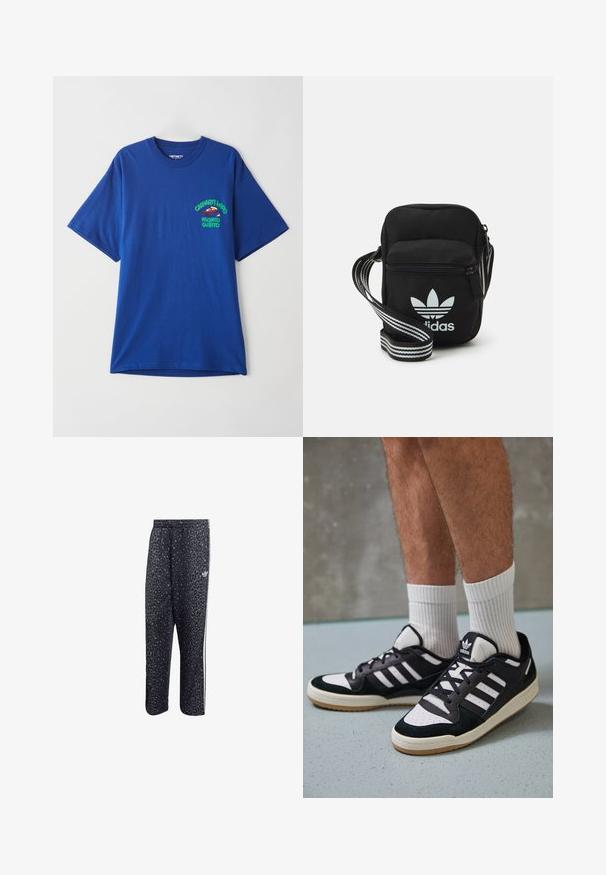 Sinine puuvillane T-särk lühikeste varrukatega, millel on vasakul rinnal rohelistes ja punastes toonides trükitud graafika ning tekstid "Carhartt WIP" ja "Pronto Subito".; Mustadmustelised spordipüksid, millel on leopardimuster, valged kolmerealised triibud ja kerge brändi logo külgedel.; Mustvalged ja valged spordijalatsid, mille pealmine osa on valmistatud suede'ist ja nahast. Kingadel on kolm valget riba, auguline varvas ja kummist tald.; Mustmust värvi risti koti, millel on tõmblukuga sulgemine, valge Adidas'i logo ja triibuline reguleeritav rihm mugavaks kandmiseks.
