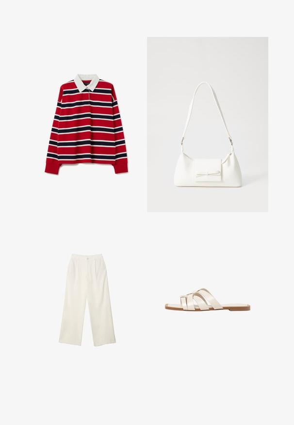 Rotes Langarm-Polohemd mit weißen und navy horizontalen Streifen, ausgestattet mit einem weißen Kragen und gerippten Bündchen. Glatte Baumwollstoffstruktur.; Helle Stoffhose mit weitem Bein und glatter Textur, ausgestattet mit einem einzelnen Knopf vorne, dezenten Falten und einem Hochbund-Design.; Flache Sandalen mit einer honigfarbenen Gummisohle, gestaltet mit drei überlappenden weißen Lederriemen und einem kleinen Schleifendetail in der Mitte.; Weiße synthetische Handtasche in dreieckiger Form, flache Vorderklappe und Schleifendetail, verstellbarer Trageriemen, glatte Textur und minimalistisches Design.