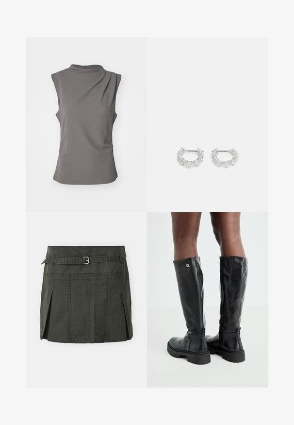Pilkos spalvos be rankovių marškinėliai, pagaminti iš minkštos medžiagos. Yra aukšta apykaklė, drapiruotas detalė vienoje peties pusėje ir susirinkusi šoninė dalis, suteikianti prigludusį siluetą.; Tamsiai žalia medvilninė mini sijonas su prigludusia liemene, diržu ir priekinių klosčių detalėmis. Yra siuvinėjimo detalės ir klasikinis kirpimas.; Juodos iki kelių odinės botai su lygiu paviršiumi, apvaliu pirštu, stambiu padu ir užtrauktuku. Ant šono yra sidabrinė logo.; Sidabrinės auskarų kabliukų formos auskarai, papuošti aiškiais, stačiakampiais ir trikampiais kristalais, kurie išdėstyti raštuotu dizainu. Tvirtinimai, užtikrinantys saugų prilaikymą.