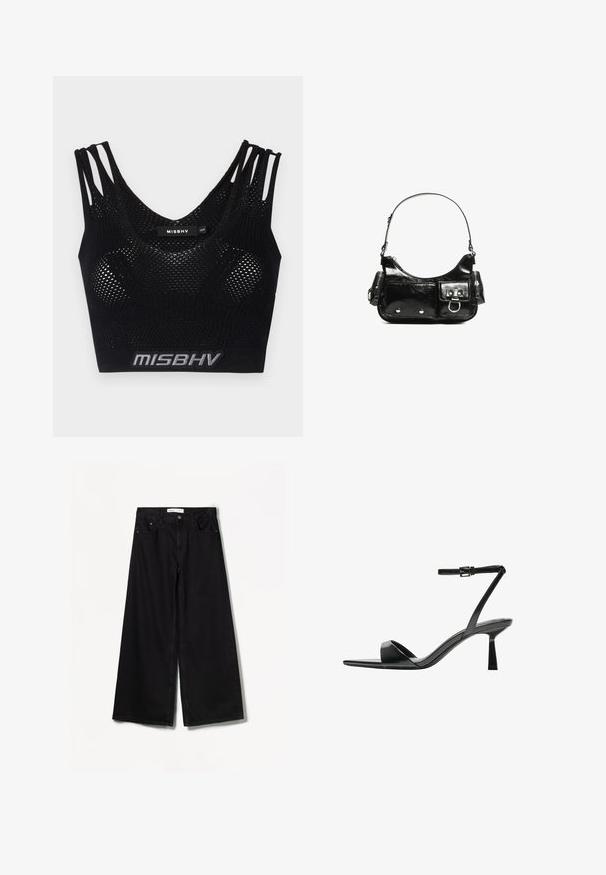 Top scurt negru cu textură din plasă, având bretele late și un bandou cu logo în partea de jos. Proiectat cu un decolteu în formă de U și o siluetă ajustată.; Bershka WIDE-LEG - Wide leg - black; Bershka Sandale cu toc - black; Geantă de mână din piele lăcuită neagră, cu o formă curbată, un umăr, buzunare frontale și accente din metal argintiu.