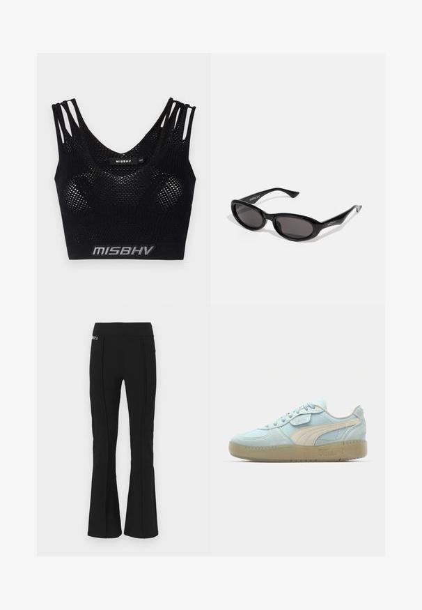 Mustmustelne crop-top, millel on võrgumängu tekstuur, laiade rihmade ja alumise osa logoribaga. Kujundatud U-kujulise kaelusega ja sobiva siluetiga.; Mustad kõrge vöökoht flared püksid, millel on ette siidise detailid ja väike brändipatch vasakul ülaservas.; Heleheline sametist spordijalatsid kreemivärvi nahast akendiga, lamedad paelad ja tekstureeritud kummitald. Esitleb silmatorkavat Puma logo.; Mustad mustad päikeseprillid tumedate läätsedega. Raam on sile, kergelt läikiv plast, millel on nurga all otstega ja peen bränding templites.