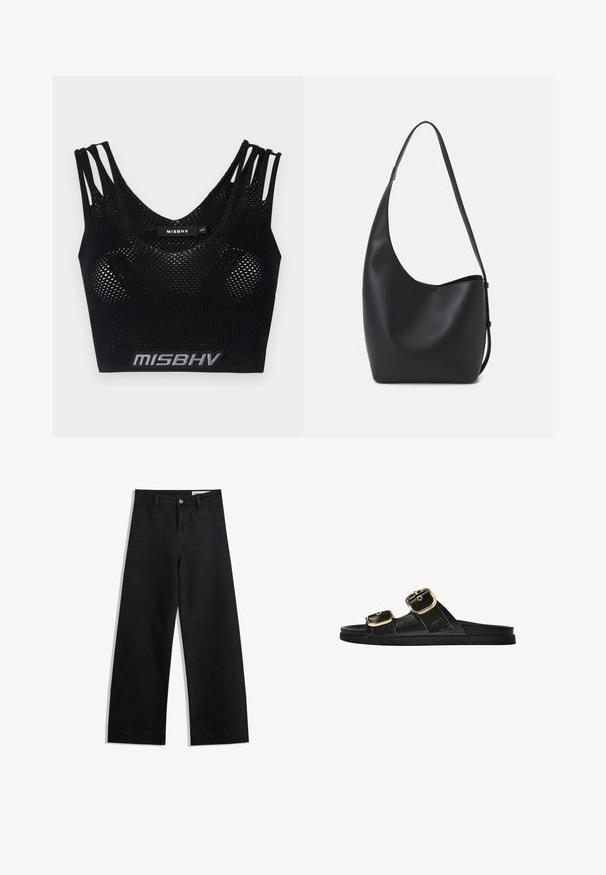 Schwarzes Crop-Top mit Netzstruktur, ausgestattet mit breiten Trägern und einem Logo-Band am unteren Rand. Entworfen mit einem U-förmigen Ausschnitt und figurnaher Silhouette.; Schwarze weit geschnittene Jeans mit hoher Taille, ausgestattet mit Vorder- und Hintertaschen, gesteppten Nähten und einem Knopfverschluss. Glatte Textur.; Schwarze Riemensandale mit zwei goldenen Schnallendetails, glattem Material, flachem Sohlen und minimalistischer Gestaltung.; Schwarze Leder-Hobo-Tasche mit einer glatten Textur, geschwungener Form und einem einzelnen verstellbaren Tragegurt; verfügt über eine weite Öffnung am oberen Ende.