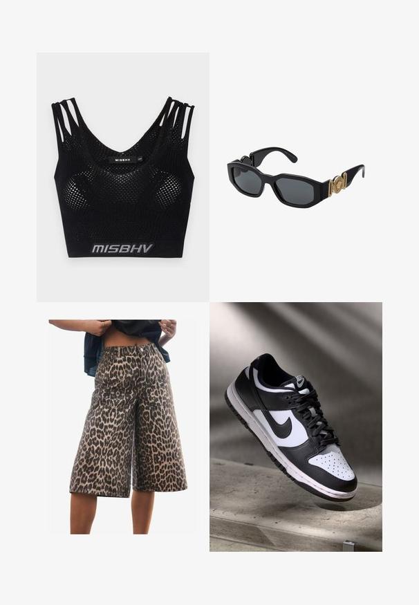 Schwarzes Crop-Top mit Netzstruktur, ausgestattet mit breiten Trägern und einem Logo-Band am unteren Rand. Entworfen mit einem U-förmigen Ausschnitt und figurnaher Silhouette.; Leopardenmuster-Jeansshorts mit lockerer Passform, mittelhohem Bund, strukturierten Nähten und weitem Bein-Design. Der Stoff hat eine weiche Textur.; Schwarz-weißer Nike Dunk Low Sneaker mit Lederobermaterial, perforiertem Zehenbereich und schwarzen Schnürsenkeln, ausgestattet mit einer weißen Sohle und Logo-Akzenten.; Schwarze Sonnenbrille mit einem massiven geometrischen Rahmen, dunklen Gläsern und goldenen Metallelementen an den Bügeln, die ein rundes Emblemdetail aufweisen.; Schwarze Leder-Hobo-Tasche mit einem lässigen Design, breitem Schultergurt und glatter Textur. Verfügt über einen seitlichen Reißverschluss.