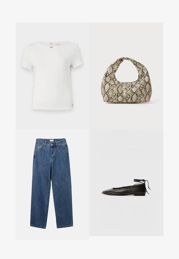 Balts īsām piedurknēm T-krekls, kas izgatavots no mīksta auduma. Tam ir apaļa kakla izgriezuma forma, struktūras vertikāla ribošana un maza logo birka apakšmalā.; Klasiskie zili džinsi ar taisnu kāju dizainu, pieciem kabatām un pogu aizdari. Iezīmējas ar vidēju mazgāšanu un izturīgu tekstūru.; Melnas ādas baleta kurpes ar smailu purngalu, potītes saitēm un plakanu zoli, kas izceļas ar gludu tekstūru un minimālistisku dizainu.; Čūsku raksta soma ar izliekto rokturi. Izgatavota no teksturētiem, bēšiem un brūniem materiāliem, ar izteiksmīgu dimanta rakstu.