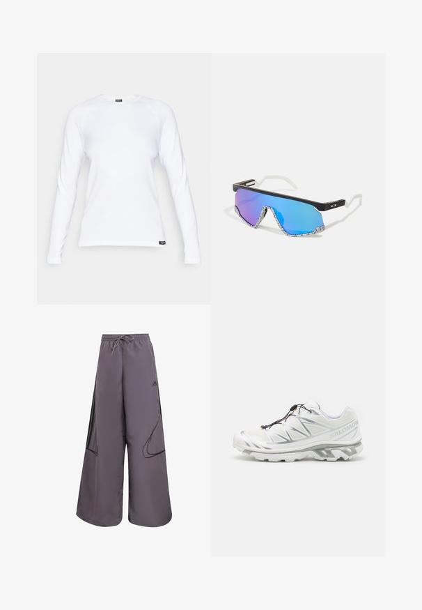 Fehér, hosszú ujjú ing texturált anyagból, kerek nyakkivágással és raglán ujjakkal, kis fekete logó címkével az alján.; Lila, bő szárú nadrág, könnyű anyagból, húzózsinóros derékrésszel, oldalsó zsebekkel, fekete kiegészítőkkel és logós részlettel.; Fehér sportcipő texturált felsőrésszel, fényvisszaverő részletekkel és szürke talppal. Kiemelkedő háromszög mintázatokkal és gyorsfűzési rendszerrel rendelkezik.; Sport napszemüveg fekete kerettel, fehér díszítéssel és kék, átmenetes tükörlencsékkel. Texturált, fehér és fekete mintázatú szárak.