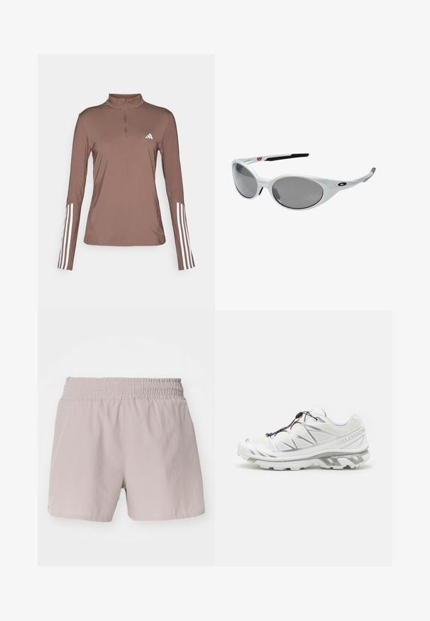 Top atlético de manga longa castanho com meio fecho, apresentando detalhes em branco com três riscas nas mangas e um pequeno logótipo branco no peito.; Calções levemente bege com um cós elástico, textura suave e design simples. Não apresenta fechos ou padrões visíveis.; Sapatilha atlética branca com parte superior texturizada, detalhes refletivos e sola cinza. Apresenta padrões triangulares acentuados e um sistema de atacadores rápidos.; Óculos de sol de plástico branco com grandes lentes ovais, com tonalidade cinza. Possui apoios pretos nas orelhas e um pequeno logótipo na armação. Acabamento suave.; Salomon ACTIVE SKIN 12 SET UNISEX - Mochila de hidratação - black