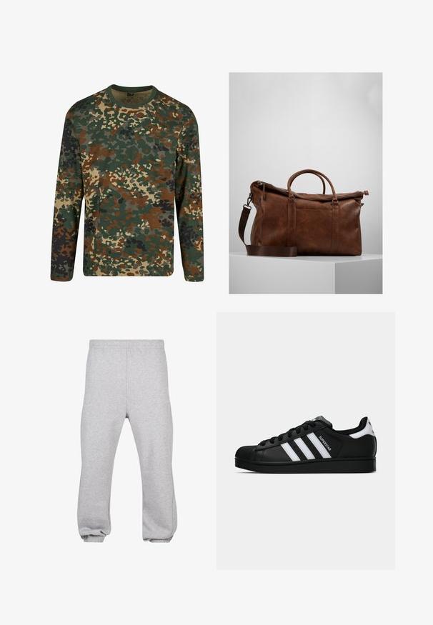 Roheline, pruun ja beež kamuflaažipritsaka pikade varrukatega T-särk, ümmarguse kaelusega. Omab segatud mustrit ebaregulaarsest täppidest ja tekstuuridest.; Hallide hallid puuvillasegusest kangast dressipüksid, millel on elastne vöökoht, kitsenevad jalad ja mansetid. Lihtne disain, ilma mustriteta.; Mustad musta värvi Adidas Superstar toss, millel on valged triibud, koonuseline varvas ja küljes "Superstar" tekst, esitatud külgvaates valgel taustal.; Pruunist nahast nädalavahetuse kott, millel on lukuga sulgur, topeltkäepidemed, reguleeritav õlavarre rihm ja nähtavad tekstuurimustrid pinnal.