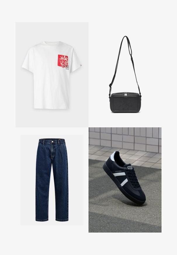 Camiseta de algodón blanca con un bolsillo rojo que presenta un diseño floral y texto. Manga corta, cuello redondo y corte relajado.; Jeans de mezclilla azul oscuro con un diseño de pierna recta. Presentan costura visible, cierre de botón y pliegues frontales para un detalle adicional.; Zapatilla de cuero negra con rayas blancas, suela de goma texturizada y parte frontal con cordones. Cuenta con una etiqueta de marca en la lengüeta.; Bolso cruzado de piel negra con cierre de cremallera, logotipo embossing en el frente y correa ajustable. Textura suave con forma rectangular.