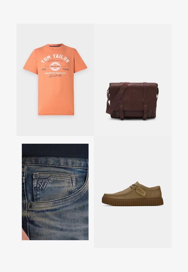Tričko s krátkým rukávem v korálově oranžové barvě s kulatým výstřihem. Na přední straně se nachází bílý grafický text a logo. Materiál 100% bavlna.; Modré džínové kalhoty s vybledlou texturou, s mincovní kapsou a černým logem na přední straně. Pas má tmavě námořnický modrý žebrovaný materiál.; Světle hnědé suede boty s kulatou špičkou, prošívanými detaily a ribbovanou hnědou gumovou podrážkou. Disponují bočním štítkem s logem "Clarks".; Hnědá kožená taška přes rameno s plochým předním klopem, dvěma popruhy, zlatými kovovými detaily a nastavitelným ramenním popruhem.
