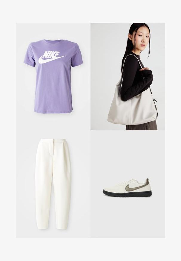 Violet medvilnės marškinėliai su balta Nike logotipu ant krūtinės. Apvalus kaklas, trumpomis rankovėmis ir standartinė tinka. Lygus paviršius.; Baltos aukšto liemens siaurėjantys keliai su paslėptu priekinio uždarymo mechanizmu ir šoninėmis kišenėmis, pristatyti prieš paprastą baltą foną.; Nike Sportswear FIELD GENERAL - Sportbačiai - off-white/black; Bežinė rankinė, pagaminta iš minkštos medžiagos, turinti laisvą dizainą, siuvinėtas detalės ir dvi petnešos. Tinkama kasdieniam naudojimui.