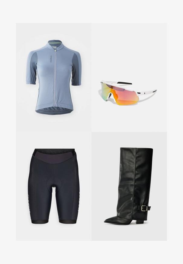 Maillot de cyclisme bleu clair à manches courtes, avec fermeture éclair à l'avant, panneaux en maille et ourlet texturé. Présente un branding subtil et des accents gris contrastants.; Shorts de cyclisme noirs au design ajusté, fabriqués en tissu élastique lisse, avec une taille bien ajustée et un rembourrage renforcé au niveau du siège.; Bottes noires en cuir longueur cheville avec un bout pointu, texture lisse et une accent en boucle argentée sur le côté. Talon carré épais.; Sweet Protection SHINOBI UNISEX - Lunettes de soleil - rig topaz/satin white