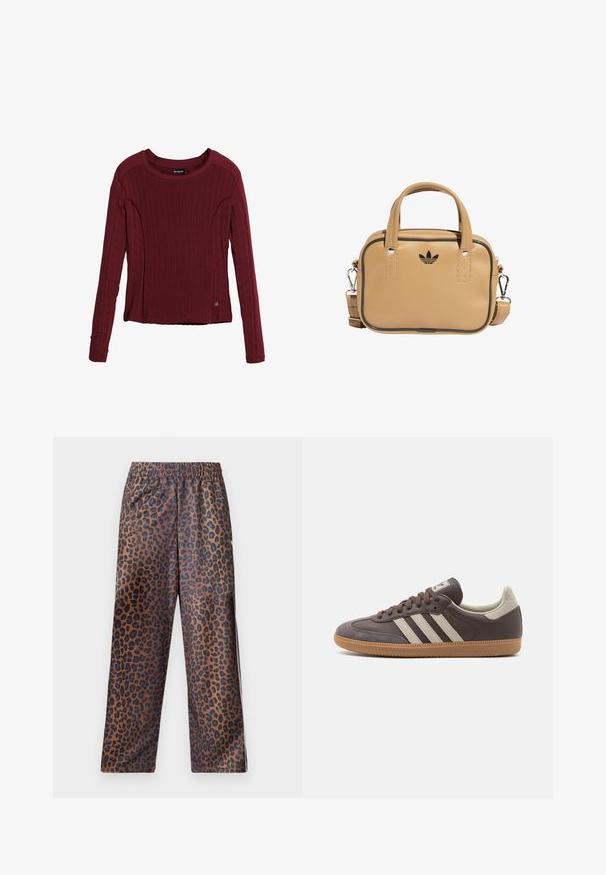 Punane pikkade varrukatega sviiter, valmistatud tekstuursetest kangast, ringkaelusega ja kergete külgdetailidega, logodetailiga allääres.; Leopardimustrilised püksid elastse vöökoha ja mugava lõikega. Valmistatud läikivast kangast, millel on pruun taust mustade laikudega.; Pruun nahast spordijalats, millel on kolm heledat riba, kummist tallaga, ümar varvas ja tekstuuriga sametised detailid kandadel ja varvastes.; Kreemivärvi vegan nahast kott kahte käepidet, eemaldatava õlarihmaga, mustade õmblustega ning väikese musta logoga ees.