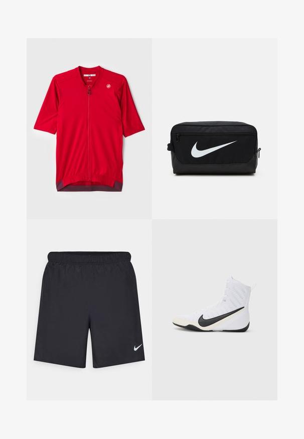 Rød sykkeltrøye med korte ermer, av kvart glidelås, ribbet tekstur og en kontrastfarge i maroon kant. Logo på venstre bryst.; Svart sportskjørt laget av lett materiale med elastisk linning. Har en liten hvit Nike-logo nederst til venstre.; Nike sportssko i hvit mesh med en svart swoosh. Har høy topp, forsterket tåhette og teksturert svart yttersåle.; Svart Nike toalettveske med en glatt tekstur, med en hvit swoosh-logo, toppglidelås og en sidelomme.
