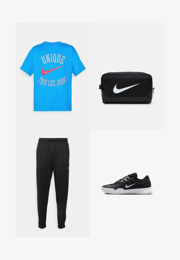 Kék pamut póló, piros "UNIQUE TOUS LES JOURS" felirattal és piros Nike swoosh logóval a hátsó részén, rövid ujjú, kerek nyakú fazon.; Fekete sportos nadrág sima anyagból, rugalmas derékkal, szűkülő lábakkal és egy kis fehér logóval a bal oldalon.; Fekete sportcipő texturált felsőrésszel, fehér Nike logóval és fehér gumitalppal. Fűzős kialakítással és dinamikus formával rendelkezik.; Fekete Nike pipere táska sima textúrával, fehér swoosh logóval, felső zipzárral és oldalsó zsebbel.