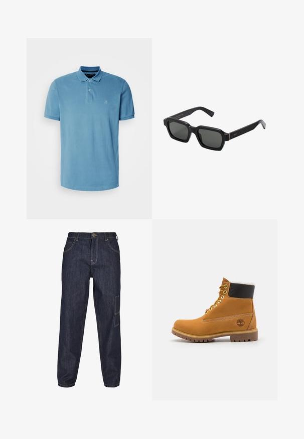 Vaaleansininen puuvillapaita, jossa on perinteinen kaulus, kolme nappia ja pieni brodeerattu logo rinnassa.; Tummansiniset farkut, joissa on rento istuvuus. Ominaisuuksia ovat etu- ja takataskut, erivärinen ommel ja sivupatch-tasku.; Ruske nahkasaapad ankle-moodi, metallist silmadega, valge karvase voodriga, musta pehmendusega kaeluse ja läbilöökide tald. Kotiriide logo on küljes.; Mustat, neliönmuotoiset aurinkolasit harmailla linsseillä. Paksuista muovikehyksistä löytyy kultaisia yksityiskohtia ja brändäystä temppeleissä. Sileä pinta.