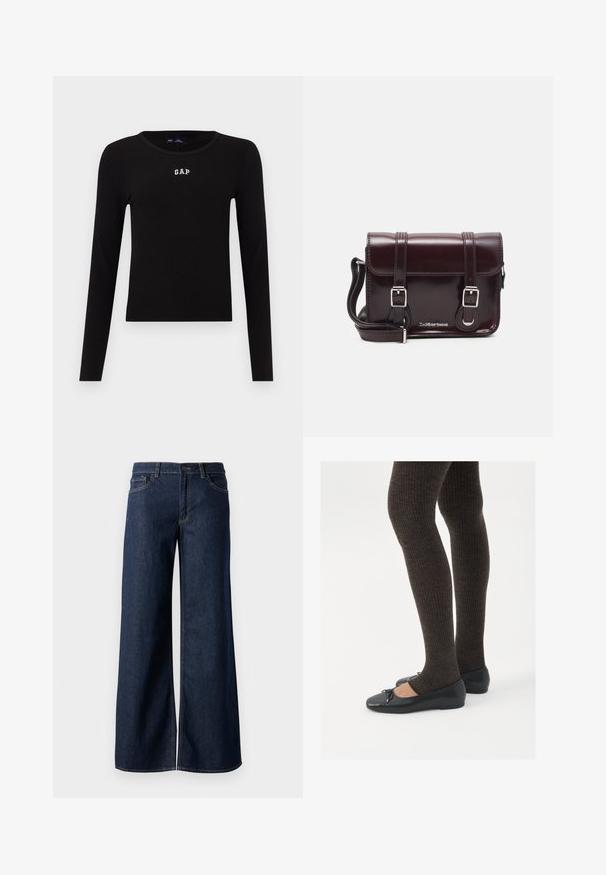Svart ribbestrikket langermet topp med rund hals og brodert "GAP"-logo i hvitt på brystet. Glatt tekstur, tettsittende design.; Vide benbukser i mørkeblå denim. Har kontrastsøm, fem lommer og en knaplukning i taljen. Glat tekstur.; Sorte flate sko med en liten sløyfedetalj på tåen, kombinert med mørkebrune ribbede strømpebukser. Skoene har en glatt overflate og lav profil.; Burgunderfarget patentlær crossover-veske med rektangulær form, to stropper, sølvfarget hardware og klaffelukking.