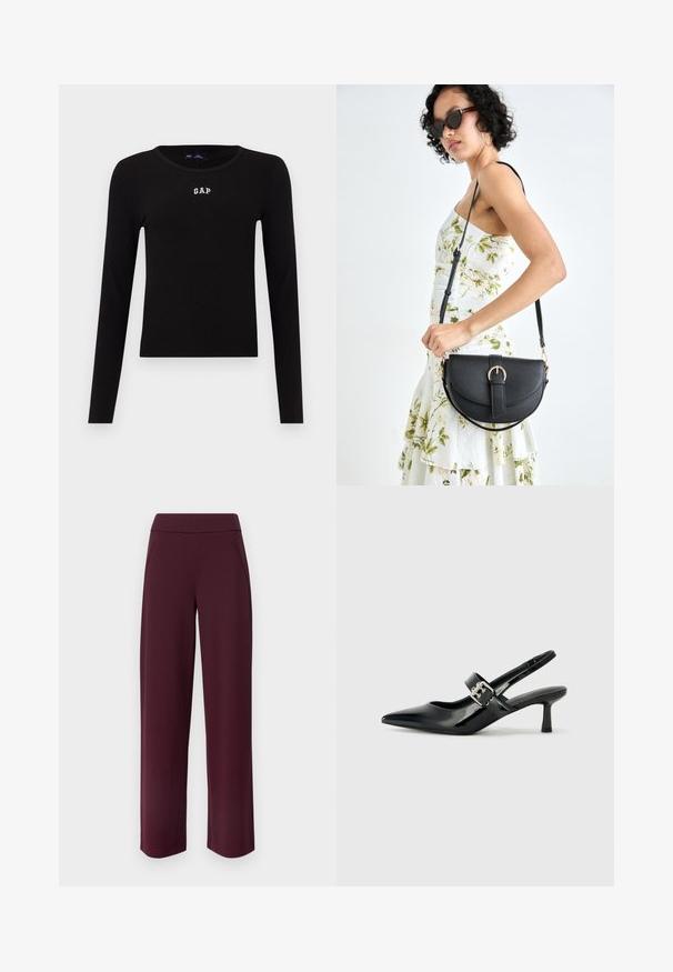 Top negro de manga larga acanalado con un cuello redondo y el logo bordado "GAP" en blanco en el pecho. Textura suave, diseño ajustado.; JDY JDYLOUISVILLE CATIA WIDE PANT - Pantalones - wine tasting; Zapatos de tacón en charol negro con tira al tobillo, punta afilada y un pequeño tacón bloque, que cuentan con un acento de hebilla plateada en la correa.; Bolso de piel negra con forma curva, correa desmontable y herrajes dorados. El bolso cuenta con una solapa con un detalle de hebilla.