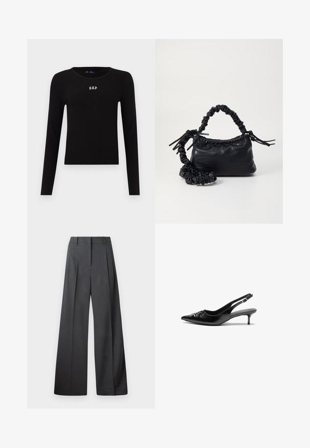 Top negro de manga larga acanalado con un cuello redondo y el logo bordado "GAP" en blanco en el pecho. Textura suave, diseño ajustado.; Pantalones de pierna ancha en tejido gris oscuro, con una cintura alta, pliegues simples y una textura suave con un acabado limpio en los dobladillos.; Tacones slingback de cuero negro con punta afilada, pequeño tacón kitten y un detalle de nudo decorativo en la parte frontal. Textura suave en toda la superficie.; Bolso de mano de imitación cuero negro con textura de cocodrilo, parte superior fruncida y correa arrugada. Presenta un diseño suave y compacto.