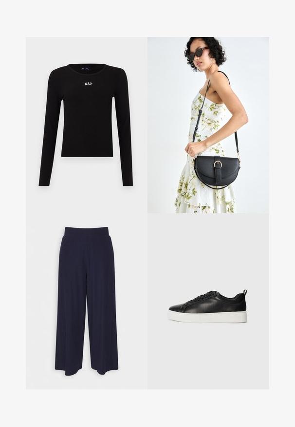 Schwarzes, langärmliges Rippenoberteil mit Rundhalsausschnitt und gesticktem "GAP"-Logo in Weiß auf der Brust. Glatte Textur, enganliegendes Design.; Weit geschnittene Hosen aus dunkelnavy Stoff mit strukturiertem Rippendesign. Merkmale sind ein glatter Hosenbund und eine luftige Silhouette, die bis zur Mitte der Wade reicht.; Schwarze niedrige Leder-Sneaker mit schwarzen Schnürsenkeln und dicker weißer Gummisohle, von der Außenseite auf weißem Hintergrund betrachtet.; Schwarze Lederhandtasche mit geschwungener Form, abnehmbarem Tragegurt und goldenen Beschlägen. Die Tasche verfügt über einen Deckel mit einer Schnallen-Details.