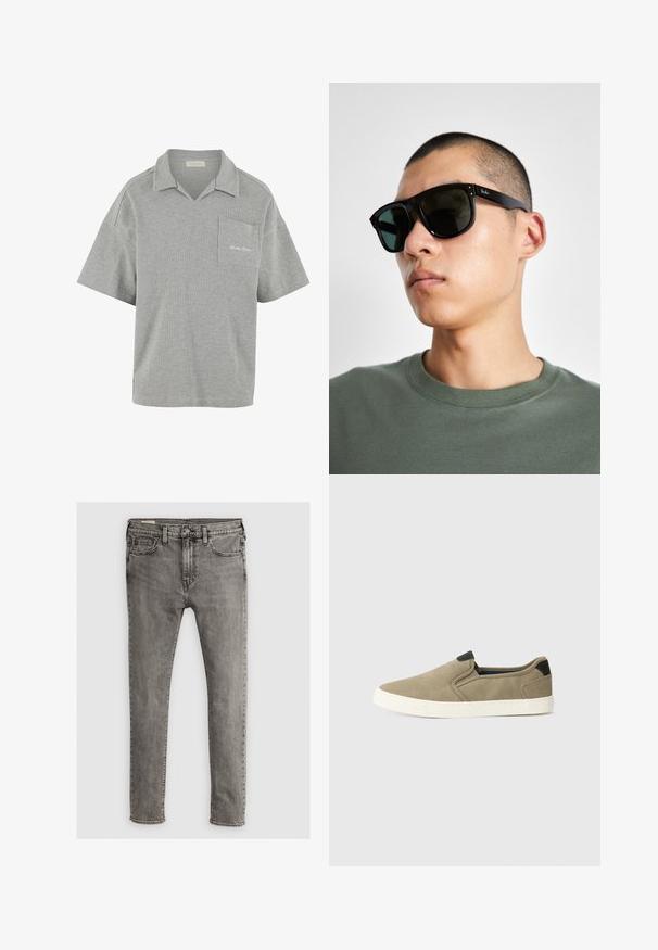 Hallhargus lühikese varrukaga polo-särk, mis on valmistatud tekstuurilisest kangast, millel on krae, esikott ja subtilline logo tikand kotis.; Halli denimi teksad, millel on sobiv disain, viie tasku stiil ja õmblustega detailid õmbluste äärealadel. Sile tekstuur, tavaline vöökoht.; Taupe'i värvi libistatavad kingad, millel on tekstuuriga kangast ülemine osa, kontrastne must konts ja valge kummist tald. Aukude disain hingavuse saavutamiseks.; Mustade ristküliku kuju prillid tumedate läätsedega, millel on eriline kuju ja bränding templil. Kanda inimese poolt, kellel on seljas roheline särk.