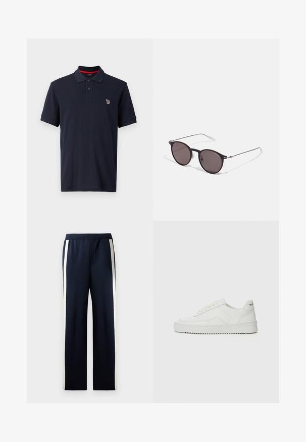 Granatowa koszulka polo wykonana z bawełny, z tradycyjnym kołnierzykiem, trzema guzikami i małym haftowanym logo na lewej piersi.; Granatowe dresy z szerokimi nogawkami, z pionowymi kremowymi paskami po bokach. Wykonane z miękkiej, teksturowanej tkaniny z elastycznym pasem.; Białe skórzane sneakersy o gładkim wykończeniu, okrągłym nosku, płaskich sznurówkach i teksturowanej podeszwie. Charakteryzują się delikatnym logo na pięcie.; Czarne okrągłe okulary przeciwsłoneczne z ciemnymi soczewkami i smukłymi metalowymi ramkami. Zawierają przezroczyste końcówki zauszników oraz srebrne akcenty przy zawiasie. Minimalistyczny design.