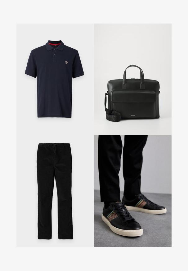 Marineblauwe poloshirt van katoen, met een traditionele kraag, een drieknoopssluiting en een klein geborduurd logo op de linkerkant van de borst.; Zwarte rechte fluwelen broek met elastische tailleband en voorste trekkoord, gepresenteerd tegen een eenvoudige witte achtergrond.; Zwarte leren sneakers met multicolored gestreepte accenten, ronde neus en witte rubberen zolen, met vetersluiting en reliëfbranding.; Zwarte leren aktetas met dubbele handgrepen aan de bovenkant, een voorvak en een afneembare schouderriem, met subtiele branding aan de onderkant.