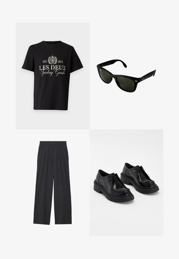 Camiseta de algodón negra con cuello redondo, que presenta texto impreso en blanco: "LES DEUX Sporting Goods" y un logotipo con acentos de laurel.; Pantalones de pierna ancha hechos de tela gris oscura. Cuenta con pliegues en la cintura, un diseño a medida y una silueta recta.; Zapatos de cuero negro con punta redonda, diseño de cordones y suela de goma negra texturizada, con costuras en contraste a lo largo de los bordes.; Gafas de sol de plástico negro con lentes de color verde oscuro. El diseño de la montura cuadrada presenta acentos plateados y un logotipo embellecido en la patilla.