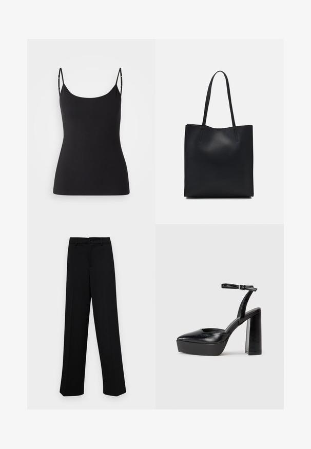 Camisole noire avec de fines bretelles ajustables, fabriquée à partir d'un tissu lisse et extensible. Présente un décolleté arrondi et une silhouette ajustée.; Pantalons larges noirs en tissu lisse, avec une taille classique à fermeture à bouton et des plis sur le devant.; Escarpins noirs à plateforme avec un bout pointu et une sangle réglable à la cheville. Conçus en cuir lisse, avec un large talon bloc.; Sac fourre-tout en cuir noir avec une texture lisse, de forme rectangulaire et deux longues poignées. Pas de matériel ou d'ornementations visibles.