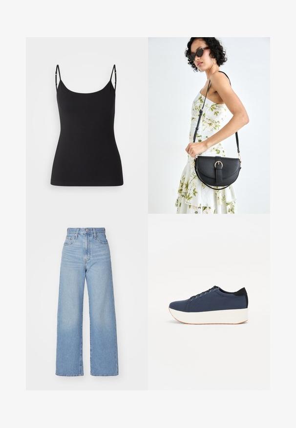 Zwarte camisole met dunne verstelbare bandjes, gemaakt van een gladde, rekbare stof. Heeft een ronde halslijn en een getailleerde pasvorm.; Lichtblauwe high-waist wijde jeans met een knoop- en ritssluiting aan de voorkant, voor- en achterzakken, op een witte achtergrond.; Marineblauwe sneaker met een textuurstof bovenwerk, witte platformzool, ronde neus en zwart hakaccent. Voorzien van zes gaatjes voor veters.; Zwarte leren handtas met een gebogen vorm, afneembare schouderband en gouden hardware. De tas heeft een klep met een gespsluiting.