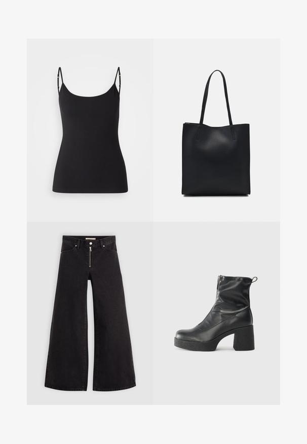 Camiseta nera con spalline sottili e regolabili, realizzata in un tessuto liscio ed elasticizzato. Presenta un collo a giro e una silhouette aderente.; Jeans a gamba larga in denim nero con chiusura a zip, design a cinque tasche e dettagli di cucitura sottili. Texture morbida e stile casual.; Stivali neri alla caviglia in pelle liscia, con zip laterale, tacco spesso e texture, e punta arrotondata.; Borsa tote in pelle nera con texture liscia, forma rettangolare e due manici lunghi. Nessun hardware o decorazione visibile.
