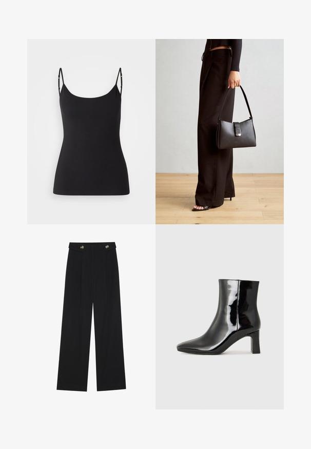 Black camisole with thin adjustable straps, made from a smooth, stretchy fabric. Features a scoop neckline and a fitted silhouette.; Black wide-leg trousers with high waist, button details on waistband, and front pleats.; Black patent leather ankle boot with a pointed toe and a mid-height block heel. Smooth texture and minimalist design.; Black handbag with structured shape, smooth texture, and a metallic clasp. Paired with wide black pants and open-toe sandals on wooden floor.