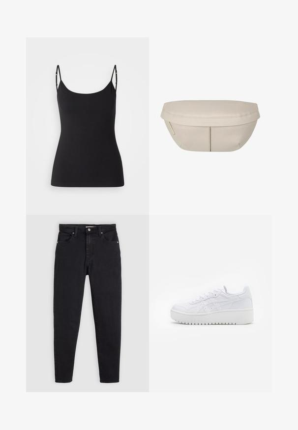 Musta hihaton paita, jossa on ohuet säädettävät olkaimet, valmistettu sileästä ja joustavasta kankaasta. Ominaisuuksiin kuuluu pyöreä kaula-aukko ja istuva siluetti.; Mustat slim-fit-farkut, joissa on nappi- ja vetoketjukiinnitys, viisi taskua ja vyölenkit vaaleanharmaalla taustalla.; Valkoiset platofom-nikeet, joissa on sileä nahkapinta, reikiin leikattu yksityiskohta ja litteät nauhat; paksu valkoinen kumipohja.; Beige kangaskotelo, jolla on pyöreä muoto, litteä yläosa ja hienovaraisia sauman yksityiskohtia. Mukana minimaalinen logo ja sivuhihna.