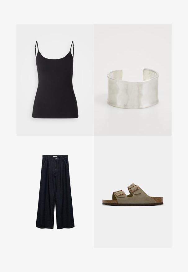 Črna kamisola z tankimi nastavljivimi naramnicami, izdelana iz gladkega, elastičnega materiala. Ima krojen žep in prilegajočo silhueto.; Temno jeans hlače širšega kroja z visokim pasom, ki imajo sprednje zapiranje na gumb, dve stranski žepu in detajle v šivanju.; Svetlo taupe nubuk sandala z dvema nastavljivima trakama in rožnatim zlatim okovjem. Pluta v notranjosti na teksturiranem rjavem podplatu. Oblika z odprtim prstom.; Zign Zapestnica - silver-coloured
