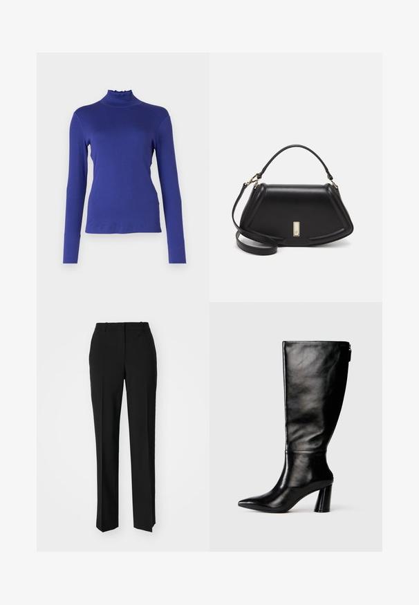 Marc Cain Long sleeved top - bright violet; Black tailored trousers with a straight-leg design, featuring a smooth texture and crisp creases along the front. No visible hardware.; Knee-high black leather boot with a pointed toe, smooth texture, and a chunky heel. Features a zipper detail at the back.; Black leather handbag with a structured design, featuring a cropped shape, top handle, and gold hardware accent. Adjustable shoulder strap included.