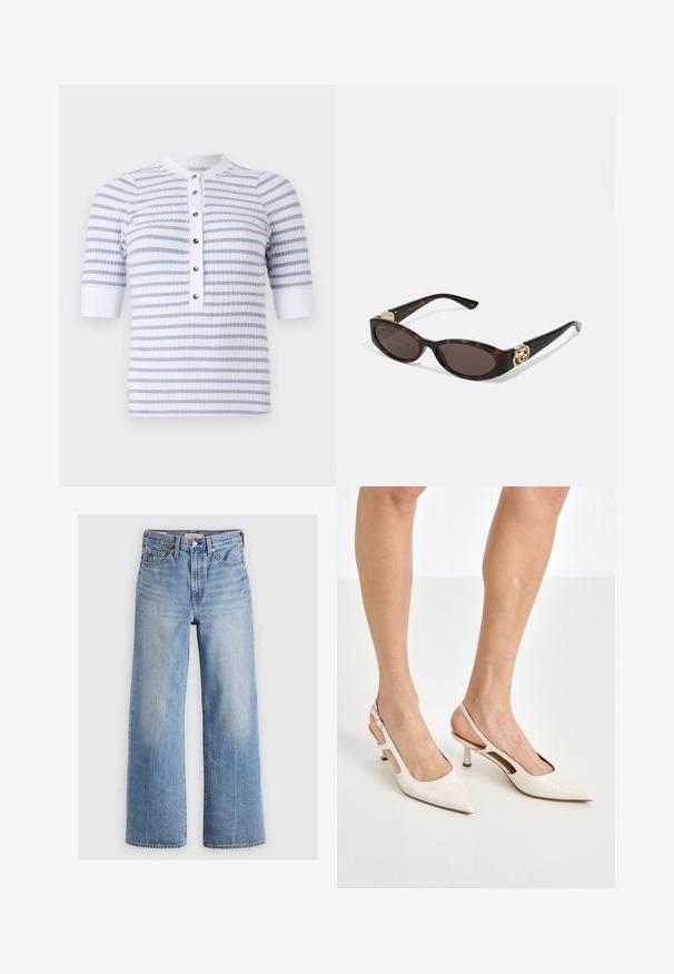 Balts un gaiši zils svītrots īsām piedurknēm tops ar apaļu kakla izgriezumu, kas satur pogājamā priekšpuses apdari un ribotu faktūru.; Gaiši zili denima plati kāju džinsi ar augstu jostasvietu, izbalējušām vietām, piecām kabatām un kontrastējošiem šuvumiem. Klasiska pogas un rāvējslēdzēja aizdare.; Beidzējo oriģinālo bežējo lakotā ādas kurpju papēžus ar norādītu degunu un 5 cm papēdi, kas iekļauj izgrieztās sānu daļas un plānu potītes siksniņu.; Tīģerbrūnā sauļošanās brillēm ar izstieptām ovālām lēcām, brūnu tonējumu, zeltītiem logotipa akcentiem uz tempļiem un plānām melnām kājām.