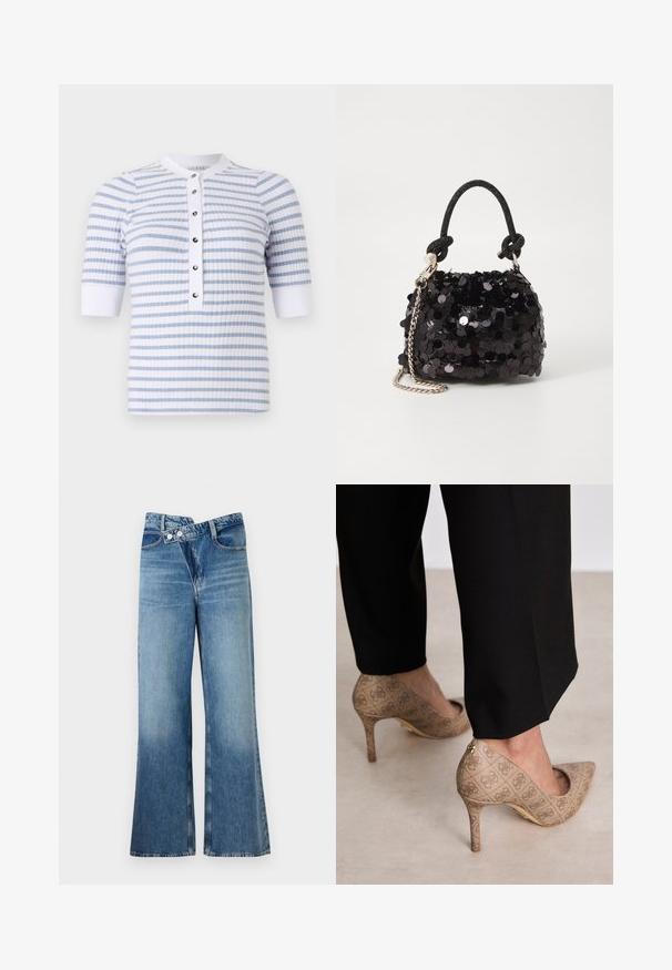 Weiß-blau gestreiftes kurzärmliges Oberteil mit Rundhalsausschnitt, das eine Knopfleiste und eine gerippte Textur aufweist.; Helle, blaue Jeans mit weit ausgestellt Bein und hoher Taille, ausgestattet mit zwei Knöpfen und vorderen Taschen. Der Stoff hat eine ausgewaschene Textur mit subtilen Variationen.; Beige High Heels aus strukturiertem Stoff mit einem sich wiederholenden Muster. Spitz zulaufendes Design mit einer Rückenausschnitt und goldenen Absatz.; Schwarze Pailletten-Mini-Handtasche mit einem geknoteten, strukturierten Tragegurt und einer silbernen Kette. Abgerundete Form mit gerafftem oberen Teil und reflektierenden Details.