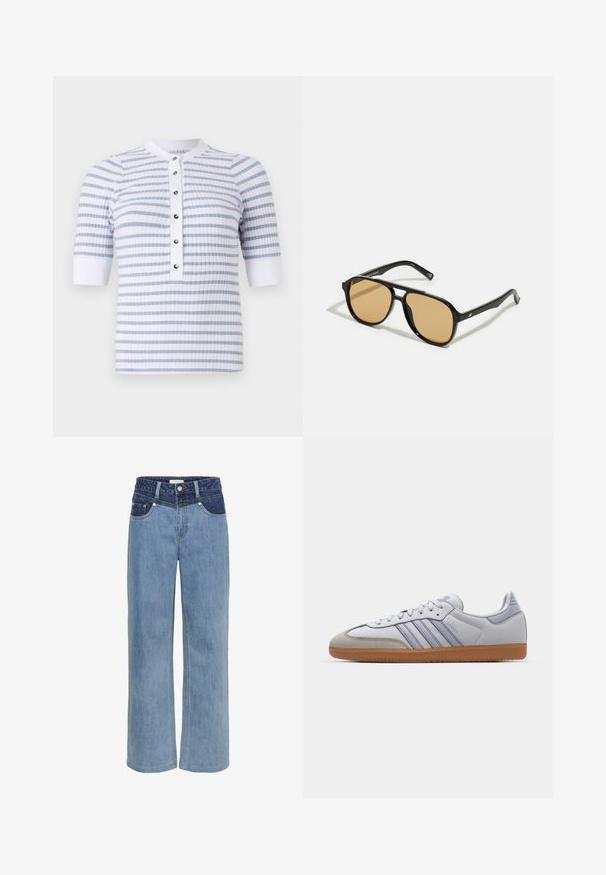 Top corto a maniche corte bianco e azzurro chiaro a righe con collo rotondo, dotato di una patta frontale con bottoni e texture a costine.; Jeans a gamba larga in denim azzurro chiaro con vita alta, design a cinque tasche e una toppa blu scuro a contrasto sul davanti.; Sneakers bianchi in pelle con dettagli azzurri chiari, punta in suede grigia e suola in gomma marrone. Presentano tre strisce blu e il marchio "Samba".; Occhiali da sole neri con lenti a sfumatura marrone; forma rettangolare con una montatura spessa, inclusi sottili dettagli metallici sulle astine.