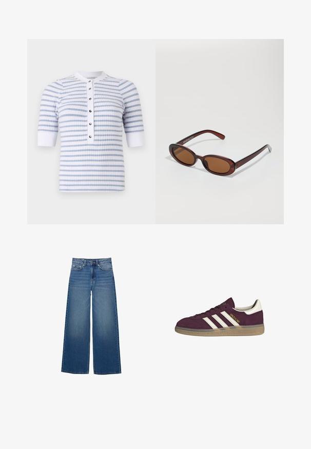 Vit och ljusblå randig kortärmad topp med rund hals, med en knappstängd framsömnad och ribbat material.; Vida jeans i denim med vida ben, hög midja, sydda detaljer och en enkel design med en lätt blekningseffekt.; Mörk röd mockaskor med vita tre ränder och beige detaljer. Har en strukturerad gummisula och guldbranding på sidan.; Runda, bruntonade solglasögon med en glansig bordeauxfärgad ram. Smala bågar med subtilt varumärkesdetalj. Platt linsdesign.; Brun vävd läderhandväska med en slapp, triangulär form. Har ett flätat handtag och en dragkedjestängning längs toppen.