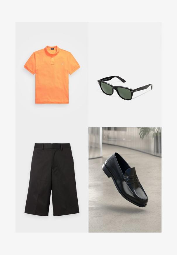 Polo Ralph Lauren Big & Tall THE ICONIC MESH POLO SHIRT - Polo majica - classic peach; Crne hlače kratkog kroja, izrađene od glatkog materijala, s ravnim prednjim dijelom, petljama za remen i ravnim, skraćenim nogavicama.; Crne kožne mokasinke s glatkim završetkom, zaobljenim vrhom, ukrasnim šavovima i blago povišenim potplatom.; Crne plastične sunčane naočale s zelenim staklima, kvadratni okviri, srebrni naglasak na obrvi i teksturirane ručke. Naziv brenda naveden na unutrašnjoj strani ručke.