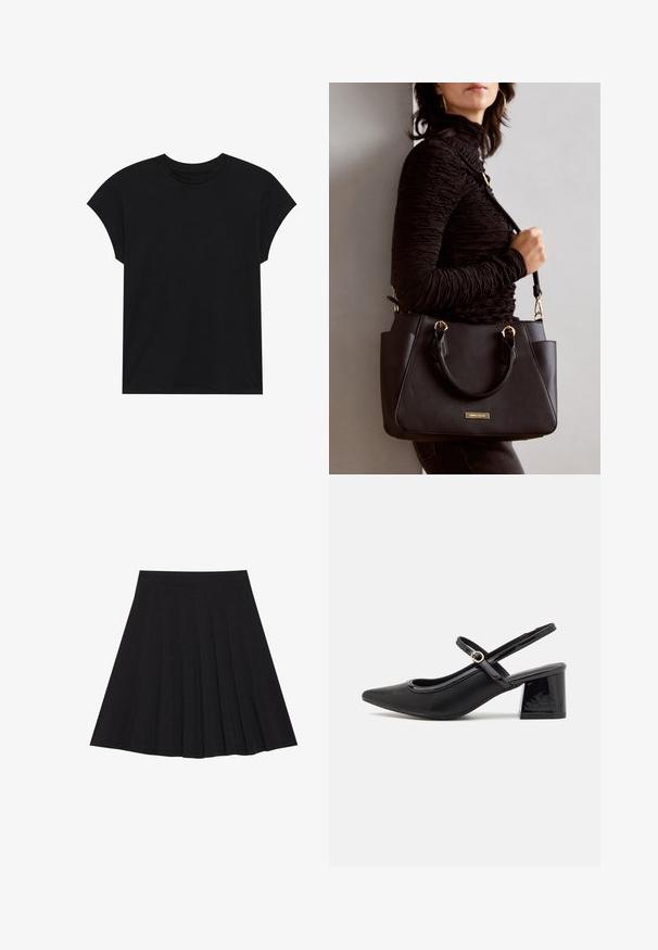 Černé bavlněné tričko s kulatým výstřihem, krátkými rukávy a volným střihem. Hladký povrch a žádné viditelné vzory ani ozdoby.; Černá plisovaná sukně vyrobená z texturované látky s dobře padnoucím pasem. Délka sukně je ke kolenům a má hladký, jednoduchý siluetu.; Černé lakované lodičky s otevřenou patou, špičatou špičkou, zaobleným střihem a blokovým podpatkem. Zdobené akcentem v zlatém tónu.; Černá kabelka s texturovaným povrchem, dvojitými horními uchy a nastavitelným ramenním popruhem. Obsahuje zlaté kovové prvky a boční kapsy.