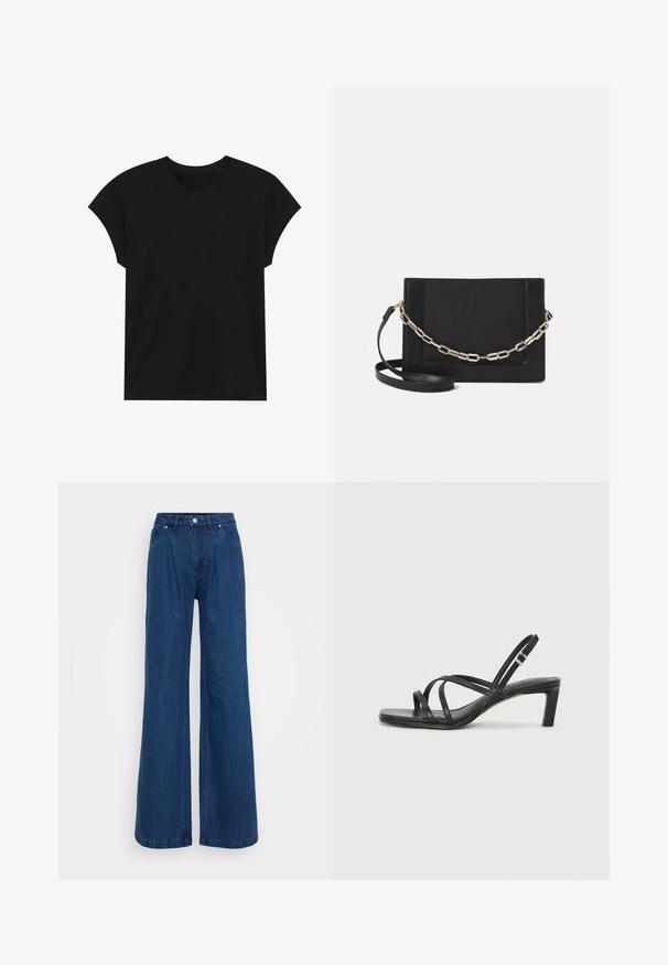 Black cotton t-shirt with a round neckline, short sleeves, and a relaxed fit. Smooth texture and no visible patterns or embellishments.; Wide-leg blue denim jeans with a high waist, front button and zipper closure, and front and back pockets against a plain background.; Black strappy sandal with a square toe and a low block heel. Features multiple thin straps and an adjustable ankle strap. Made of smooth leather.; Black leather crossbody bag featuring a smooth texture, rectangular shape, and a metallic chain detail on the front. Adjustable strap included.; Gold ring with textured, wavy design featuring three prominent peaks. Smooth, shiny surface with an open band for adjustable fit.