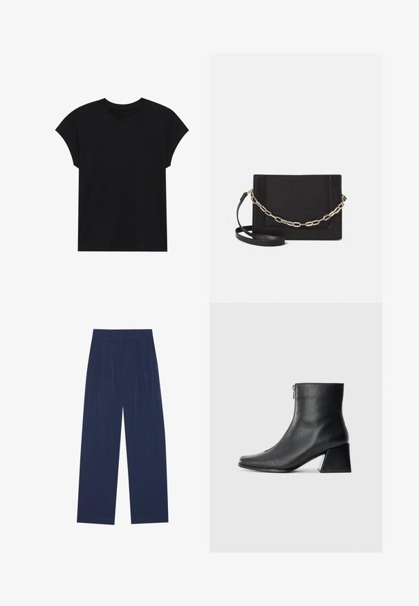 Zwarte katoenen t-shirt met een ronde hals, korte mouwen en een comfortabele pasvorm. Soepele structuur en geen zichtbare patronen of versieringen.; Navyblauwe wijde broek van zachte stof, voorzien van voorplooien, een gladde textuur en een rechte pasvorm zonder zichtbare zakken.; Zwarte leren enkellaars met vierkante neus, zijrits en blokhak tegen een effen lichte achtergrond.; Zwarte leren schoudertas met een gladde textuur, rechthoekige vorm en een metallic kettingdetail aan de voorkant. Verstelbare schouderband inbegrepen.
