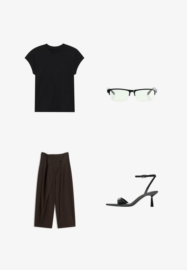 Tricou negru din bumbac, cu guler rotund, mâneci scurte și o croială lejeră. Textură fină și fără modele sau aplicații vizibile.; Pantaloni largi de culoare maron închis, cu talie înaltă, având închiere cu un singur nasture și un față pliată. Confectionați dintr-un material ușor.; Bershka Sandale cu toc - black; Ochelari de vedere rectangulari negri, cu lentile clare, având rame negre elegante și vârfuri de brad transparente gri. Design minimalist, fără marcaje vizibile.